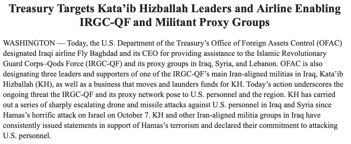 US Treasury sanctions Iraqi airline Fly Baghdad and its CEO for providing assistance to the IRGC-QF and its proxy groups in Iraq, Syria, and Lebanon. Three leaders and supporters of Kata'ib Hezbollah also designated