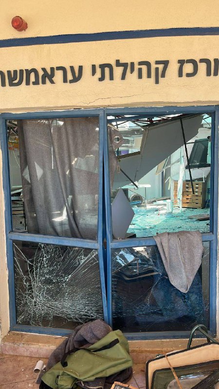 Initial picture from the community center in Arab Al Aramsheh that suffered a direct impact of a projectile fired by Hezbollah militants from Lebanon