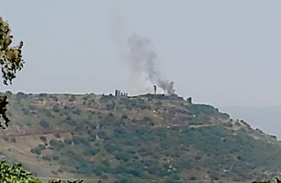 Fire breaks out from an Israeli position in Ruwaisat Al-Qarn in Shebaa Farms after it was targeted by guided missiles.