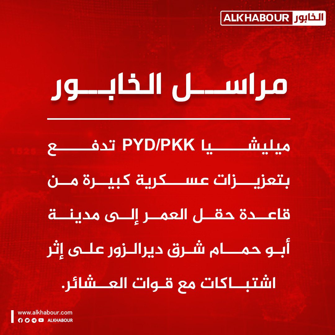 الخابور ديرالزور مراسل الخابور: ميلـ.ـيشيا YPG تدفع بتعزيزات عسـ.ـكرية كبيرة من  قاعدة حقل_العمر إلى مدينة أبو_حمام شرق ديرالزور على إثر اشتباكات مع قوات العشائر.تابع قناة التلغرام