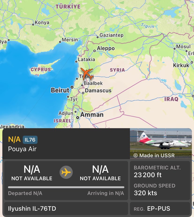 Iranian Pouya Air Il-76 Cargo (EP-PUS) from Tehran landed in Khmeimim Air Base, Syria this morning, transponders turned off all the way