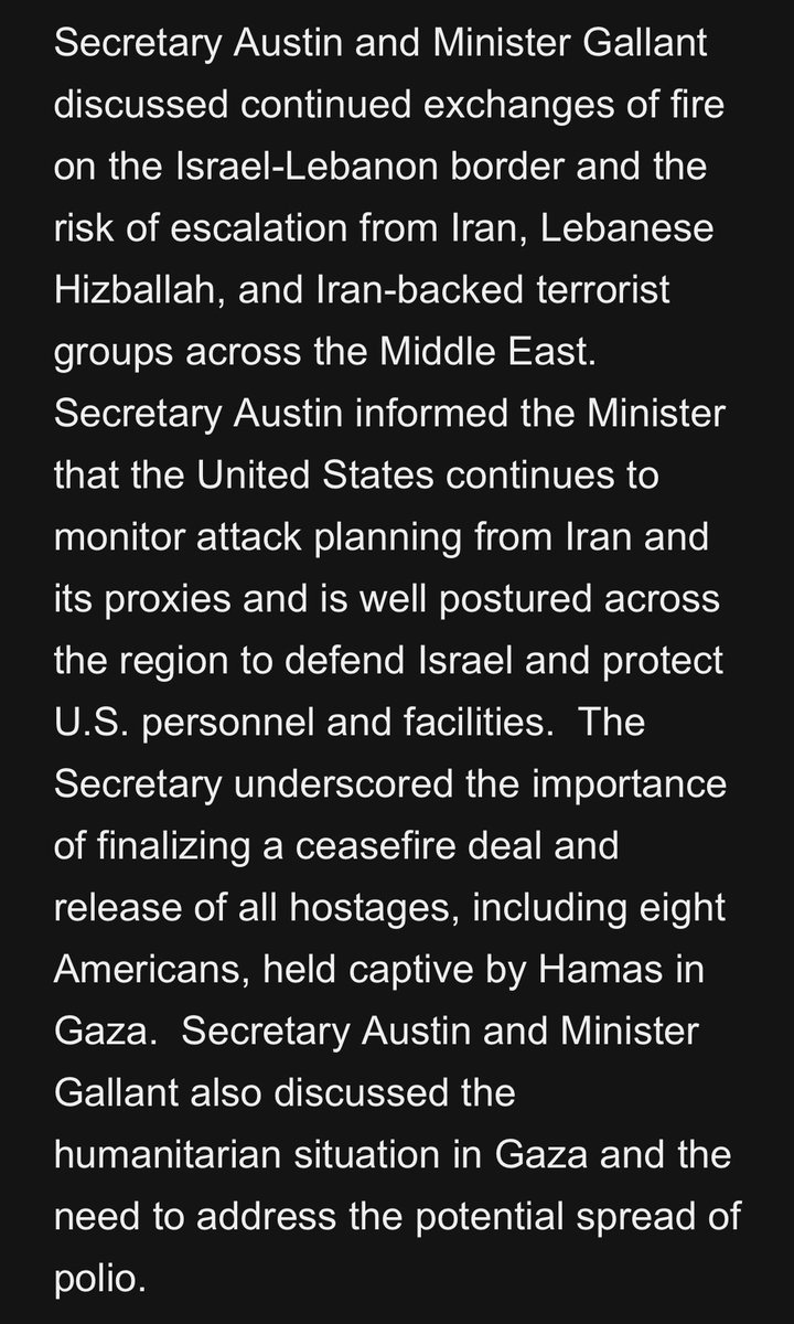 US continues to monitor attack planning from Iran and its proxies and is well postured to defend Israel and protect US personnel and facilities in the region, SecDef Lloyd Austin said in yesterday’s call with Israeli counterpart