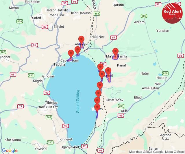 Syreny alarmowe przeciwrakietowe w społecznościach w północnej i wschodniej części jeziora Kinneret