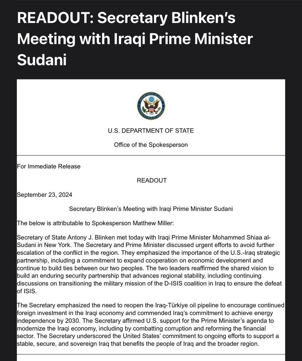 O @SecBlinken dos EUA se encontrou com @mohamedshia em NY hoje: Os dois líderes reafirmaram a visão compartilhada de construir uma parceria de segurança duradoura que promova a estabilidade regional, incluindo discussões contínuas sobre a transição da missão militar da coalizão D-ISIS no Iraque.