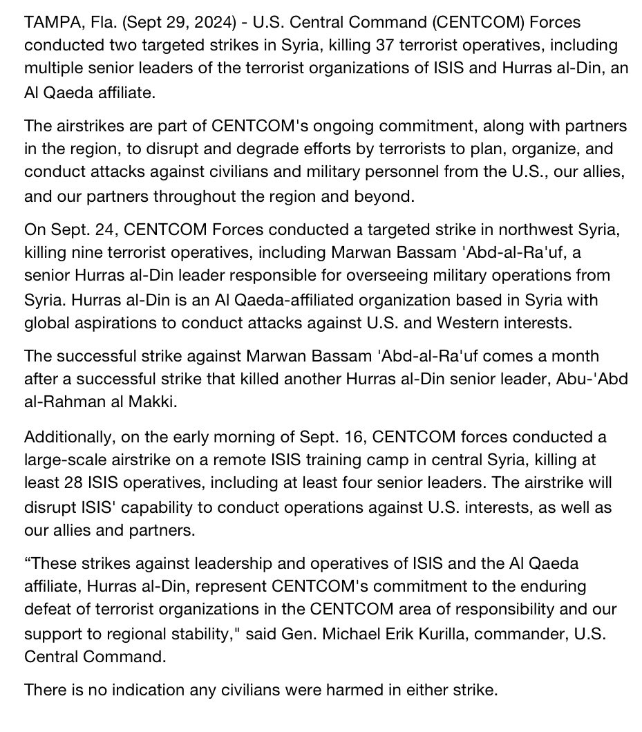 U.S. Central Command Conducts Targeted Strikes Against Terrorist Groups in Syria, - statement