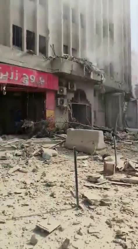 Video shows a violent Israeli airstrike targeting a building near Zreik Restaurant in Kafrhat, in Beirut's southern suburbs, Lebanon.