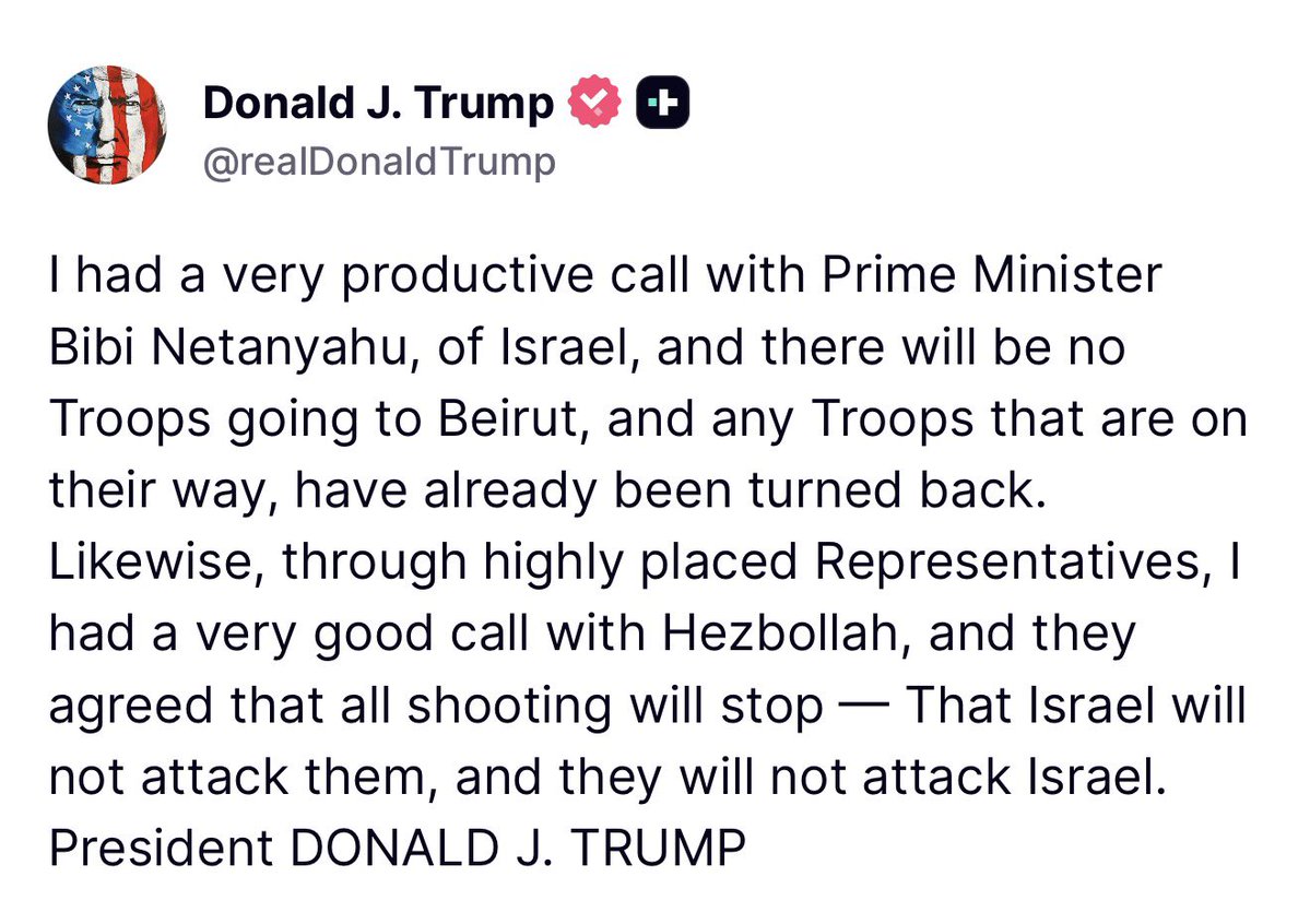 Trumps says a ceasefire was reached between Hezbollah and Israel, and that he had a very good call with Hezbollah