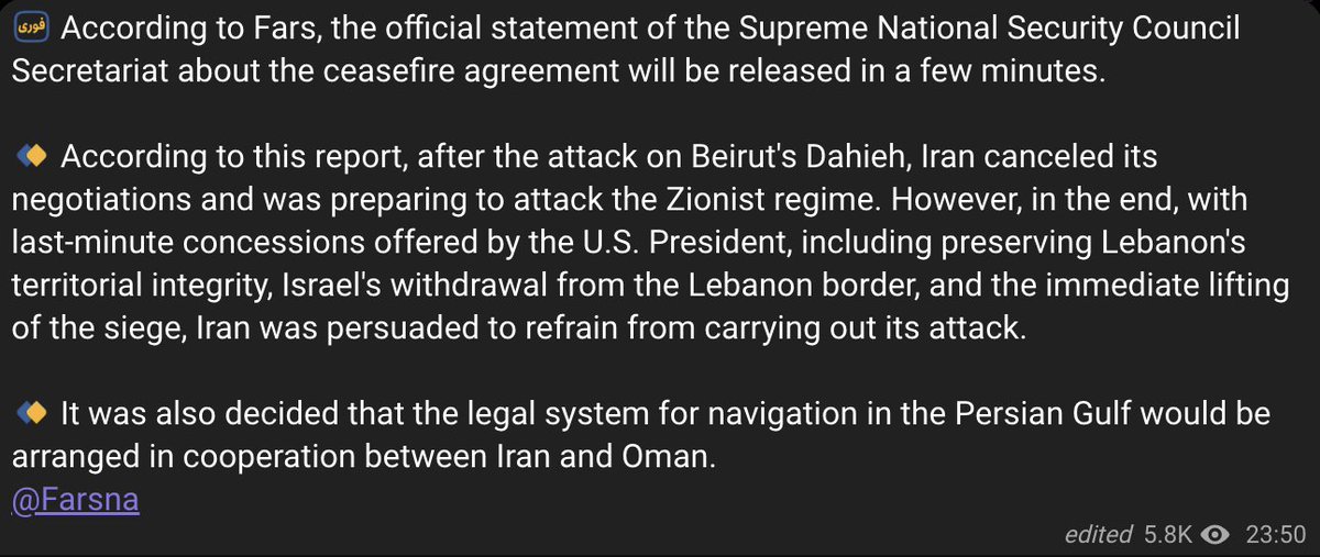 Iran decided not to attack Israel after Trump offered an Israeli withdrawal from southern Lebanon and the immediate lifting of the naval blockade, according to IRGC-affiliated Fars News Agency